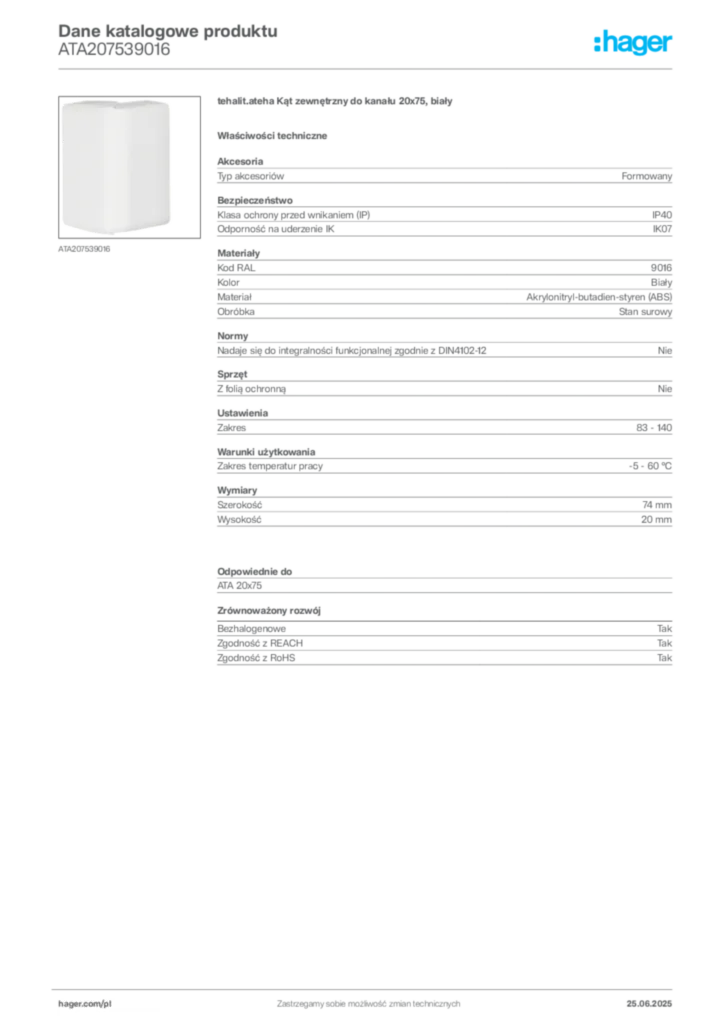 Zdjęcie Hager Karta katalogowa ATA207539016 | Hager Polska