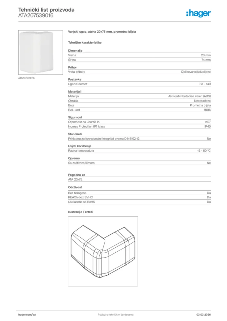 Slika Hager Tehnički list proizvoda ATA207539016  | Hager