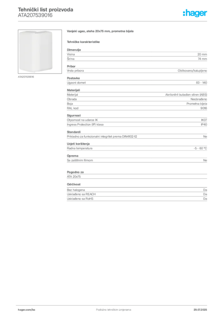 Slika Hager Product data sheet ATA207539016  | Hager