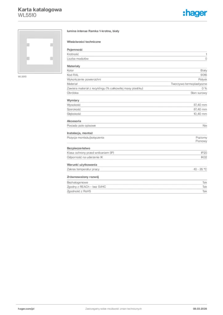 Zdjęcie Hager Karta katalogowa WL5510 | Hager Polska