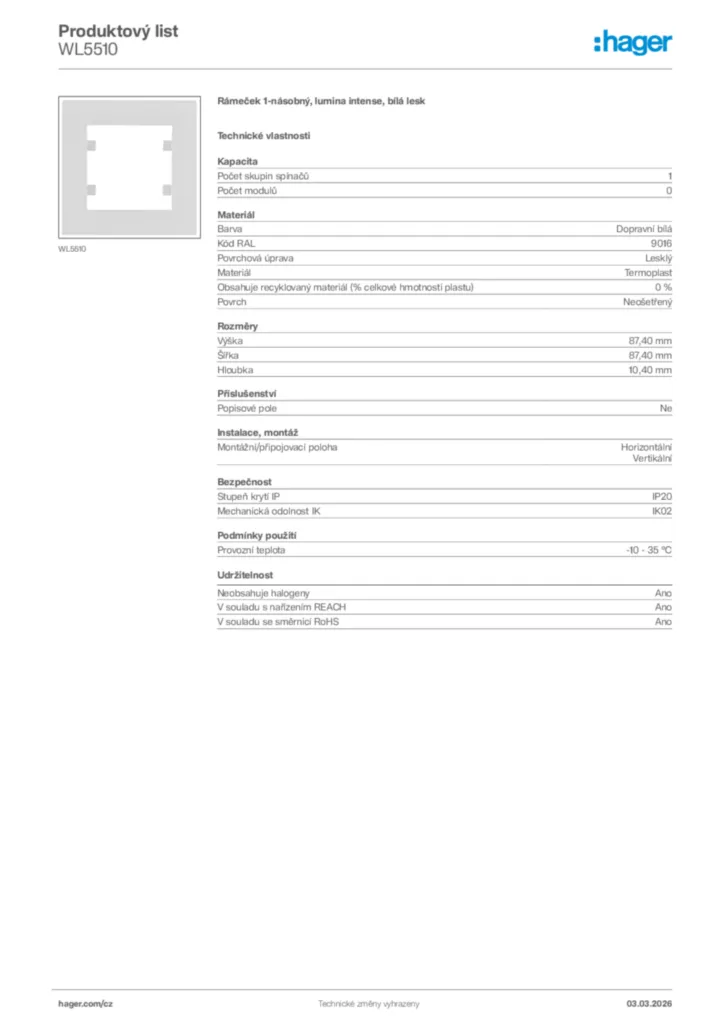 Obrázek Hager Product data sheet WL5510 | Hager