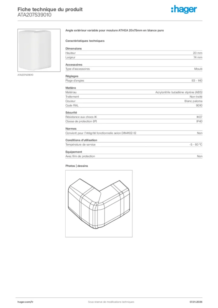 Image Hager Fiche technique du produit ATA207539010 | Hager France