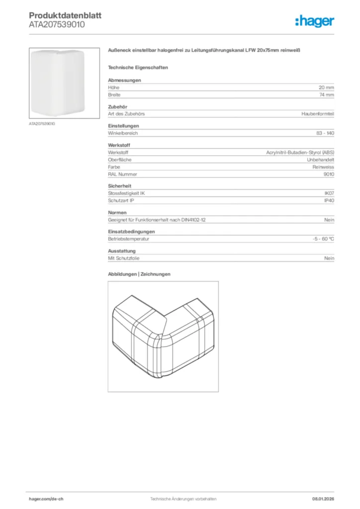 Bild Hager Produktdatenblatt ATA207539010 | Hager Schweiz