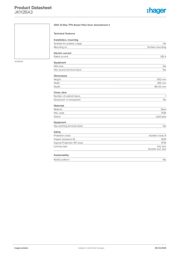 Image Hager Product data sheet JK112BA3  | Hager
