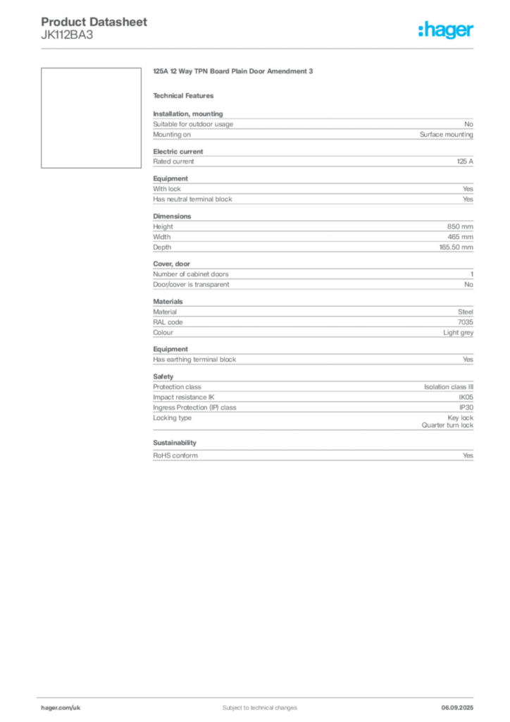 Image Hager Product data sheet JK112BA3  | Hager