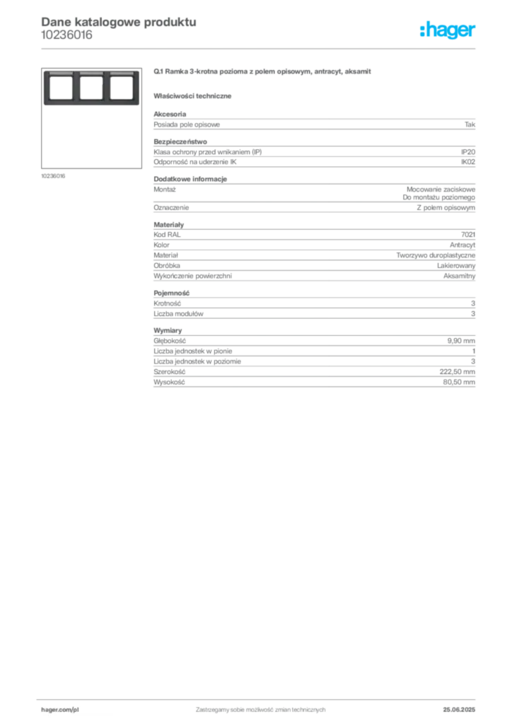 Zdjęcie Hager Karta katalogowa 10236016 | Hager Polska