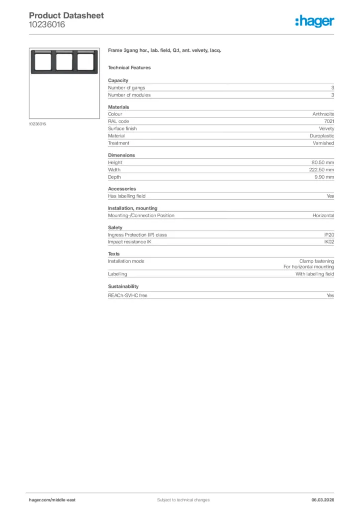 Image Hager Product data sheet 10236016  | Hager