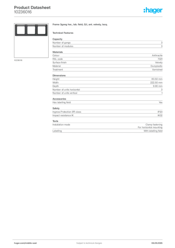 Image Hager Product data sheet 10236016  | Hager