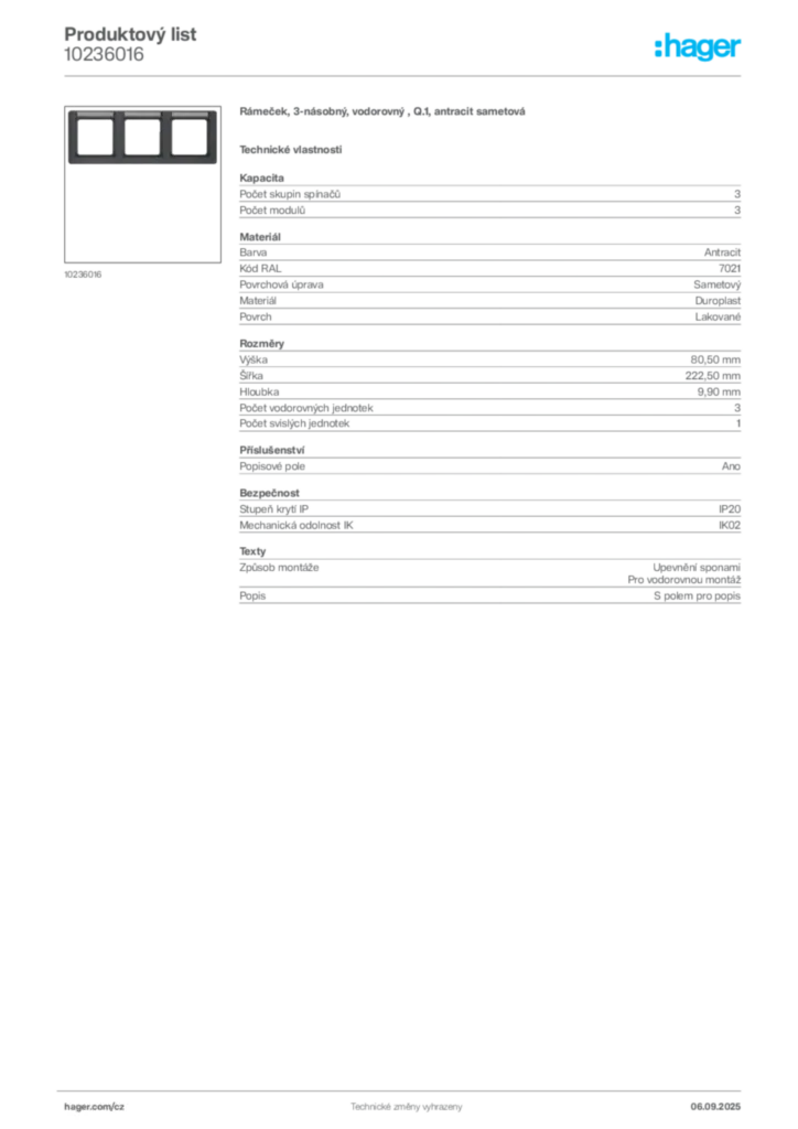 Obrázek Hager Produktový list 10236016 | Hager