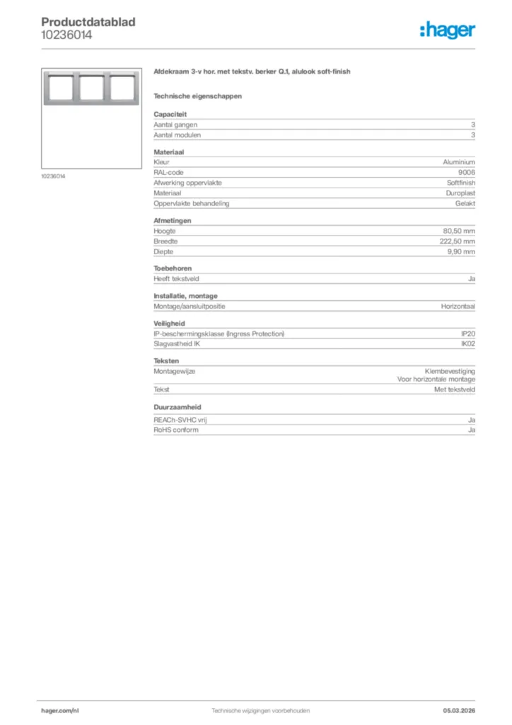 Afbeelding Hager Productdatablad 10236014 | Hager Nederland