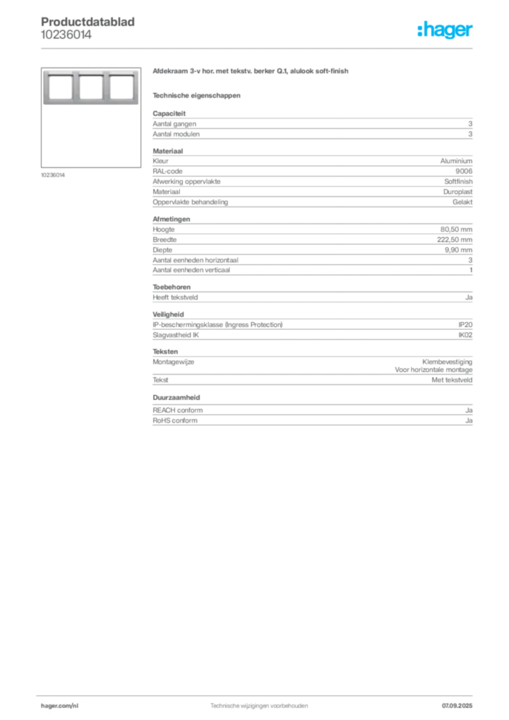 Afbeelding Hager Productdatablad 10236014 | Hager Nederland