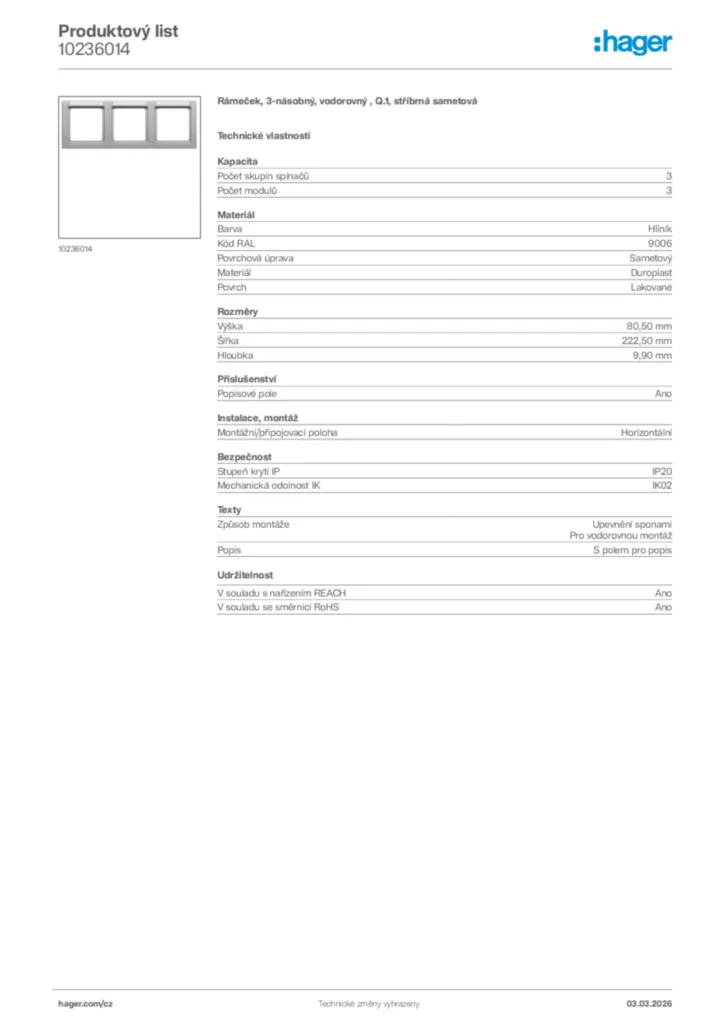 Obrázek Hager Product data sheet 10236014 | Hager