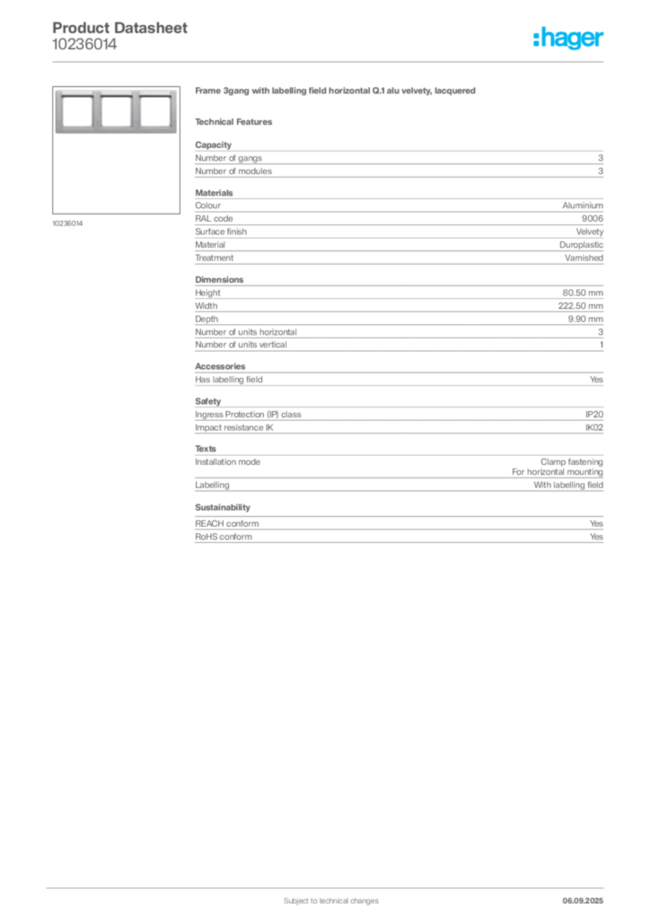 Image Hager Product data sheet 10236014  | Hager