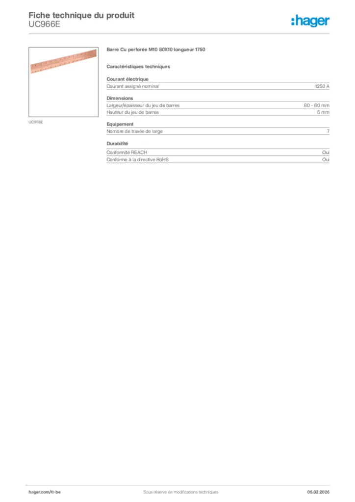 Image Hager Fiche technique du produit UC966E | Hager Belgique