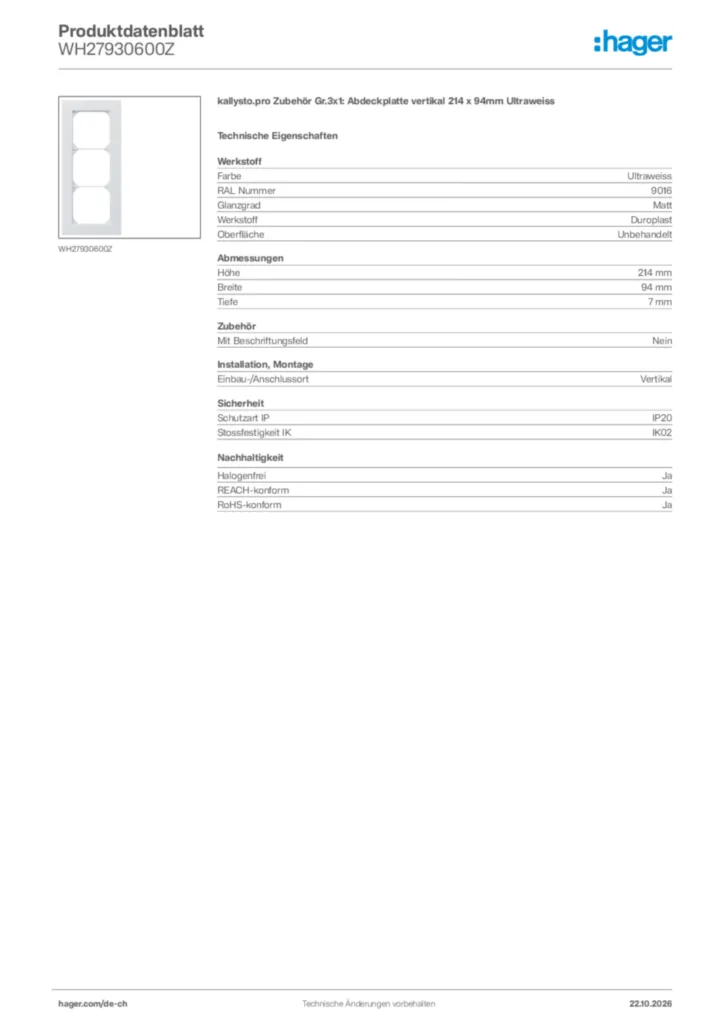 Bild Hager Produktdatenblatt WH27930600Z | Hager Schweiz