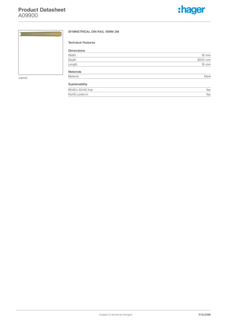 Image Hager Product data sheet A09900  | Hager Africa
