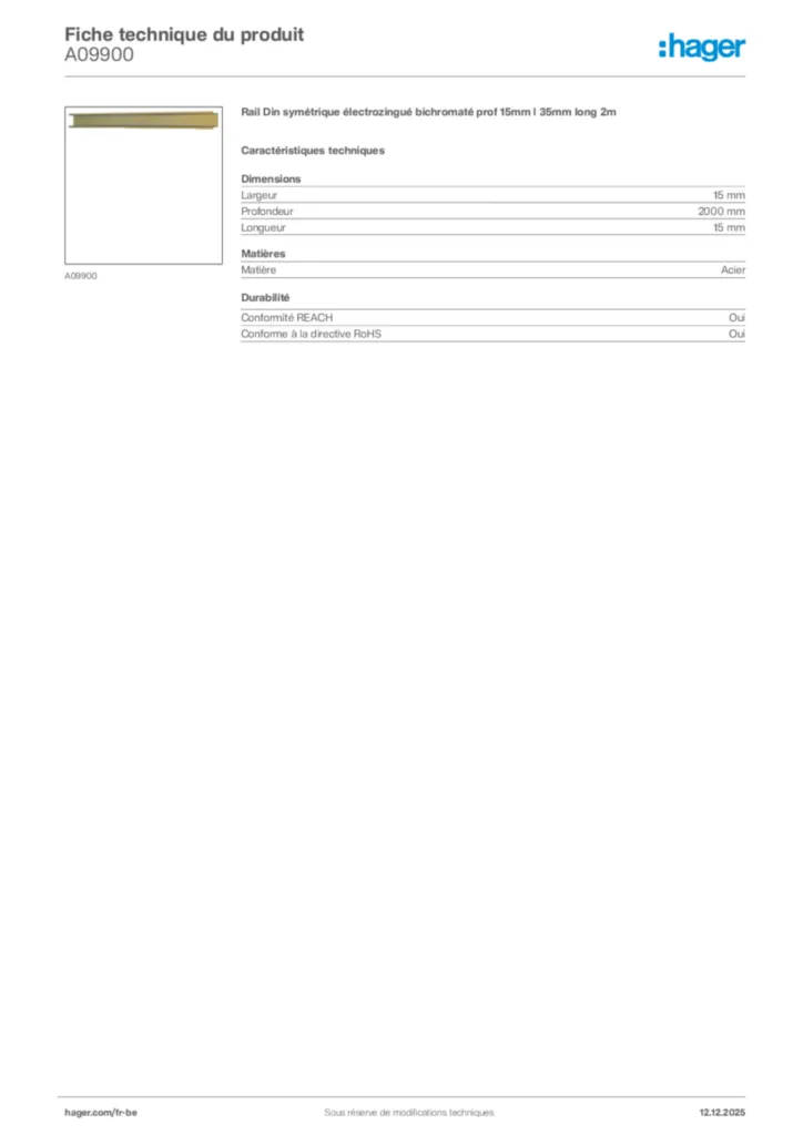 Image Hager Fiche technique du produit A09900 | Hager Belgique