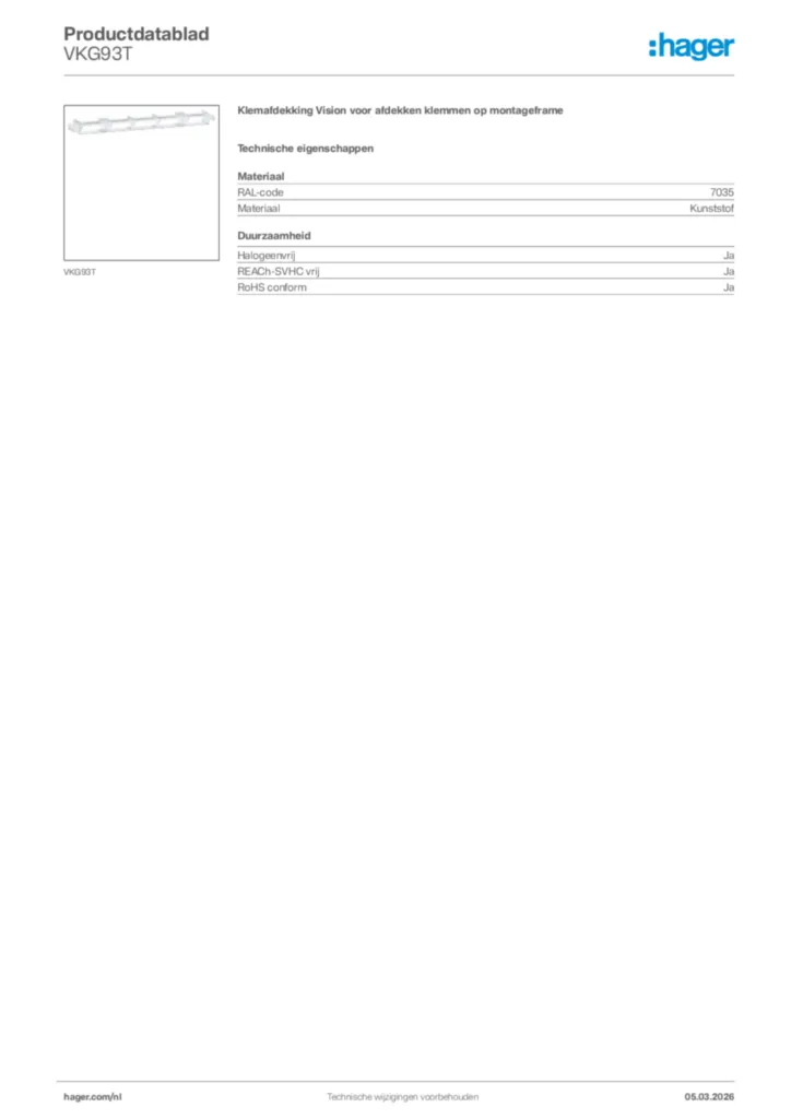 Afbeelding Hager Productdatablad VKG93T | Hager Nederland