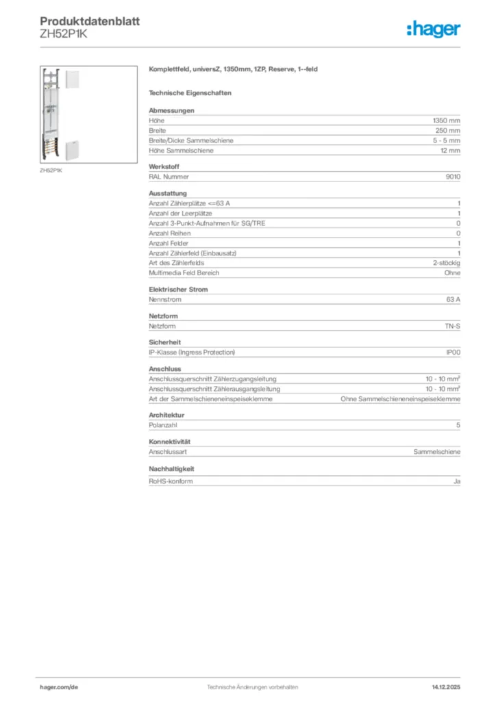 Bild Hager Produktdatenblatt ZH52P1K | Hager Deutschland