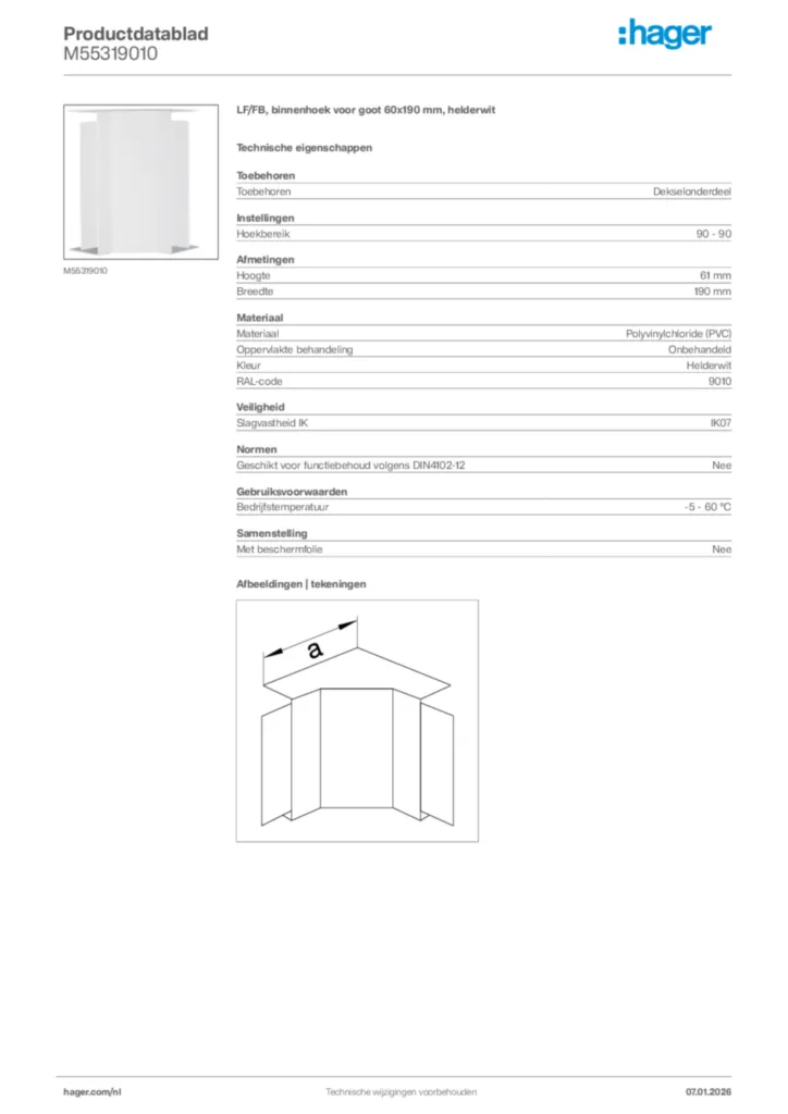 Afbeelding Hager Productdatablad M55319010 | Hager Nederland