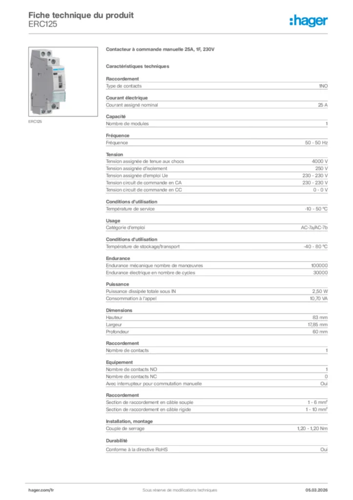 Image Hager Fiche technique du produit ERC125 | Hager France