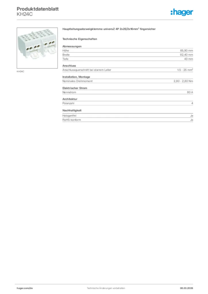 Bild Hager Produktdatenblatt KH24C | Hager Deutschland