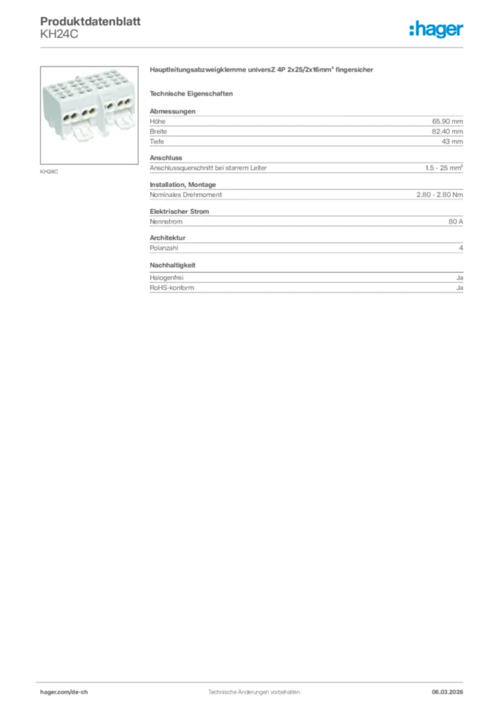 Bild Hager Produktdatenblatt KH24C | Hager Schweiz