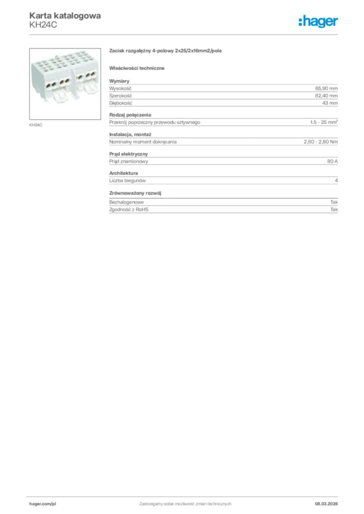 Zdjęcie Hager Karta katalogowa KH24C | Hager Polska