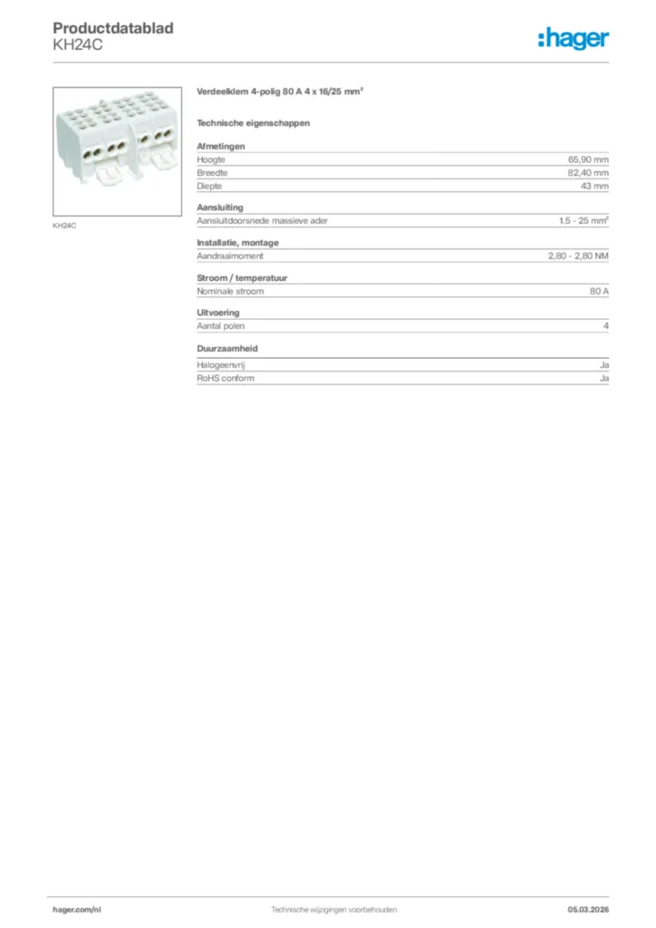 Afbeelding Hager Productdatablad KH24C | Hager Nederland