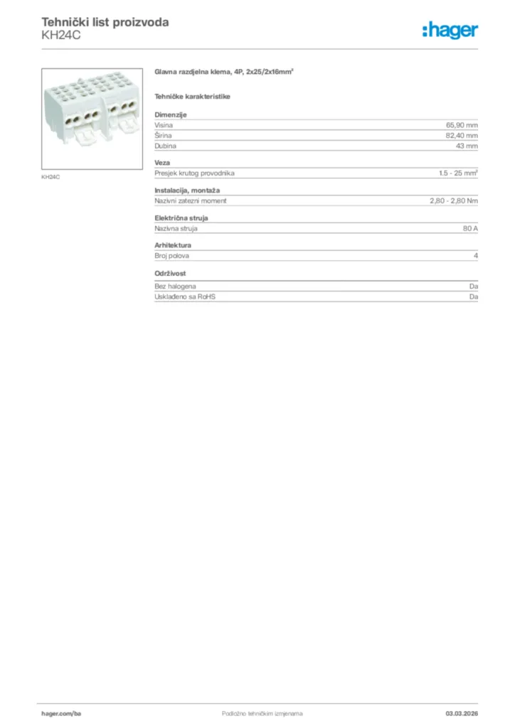 Slika Hager Tehnički list proizvoda KH24C  | Hager