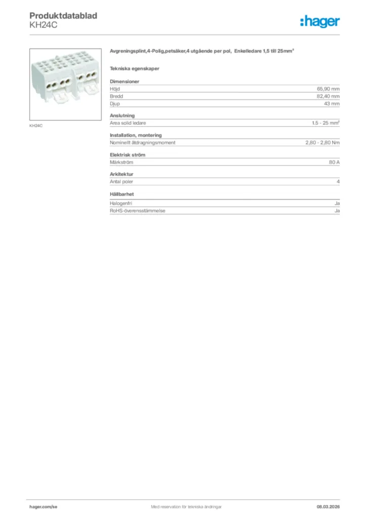 Bild Hager Produktdatablad KH24C | Hager Sverige