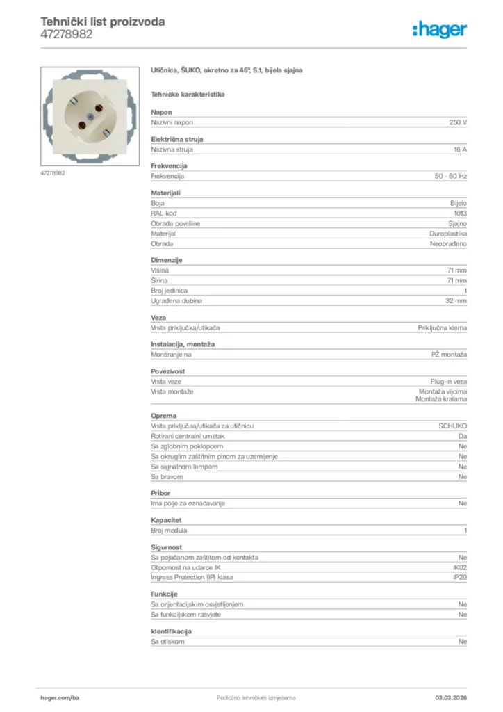 Slika Hager Tehnički list proizvoda 47278982  | Hager