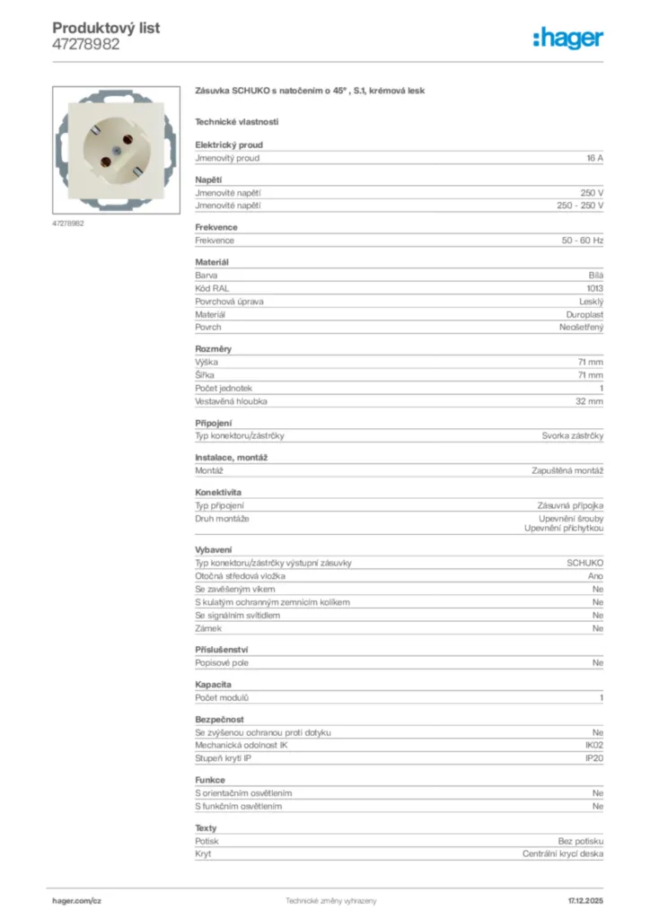 Obrázek Hager Produktový list 47278982 | Hager