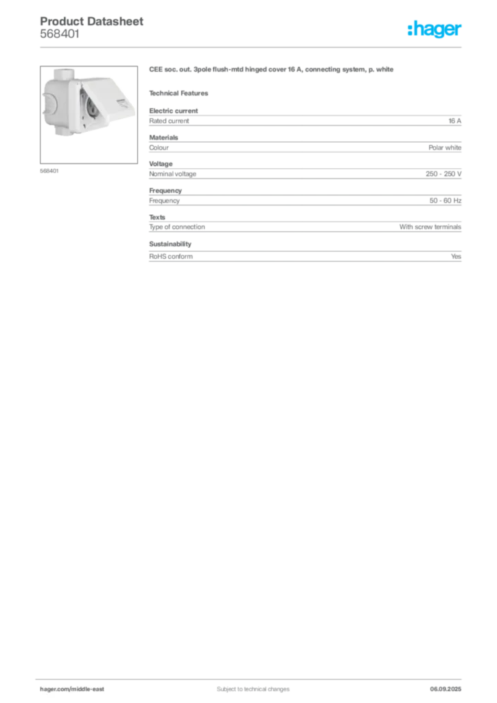Image Hager Product data sheet 568401  | Hager