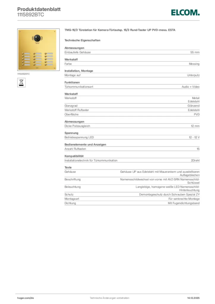 Bild Elcom Produktdatenblatt 1115892BTC | Hager Deutschland