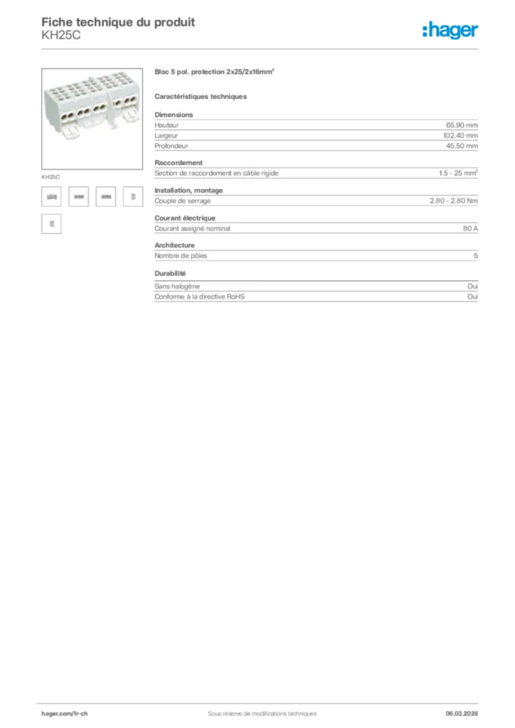 Image Hager Fiche technique du produit KH25C | Hager Suisse