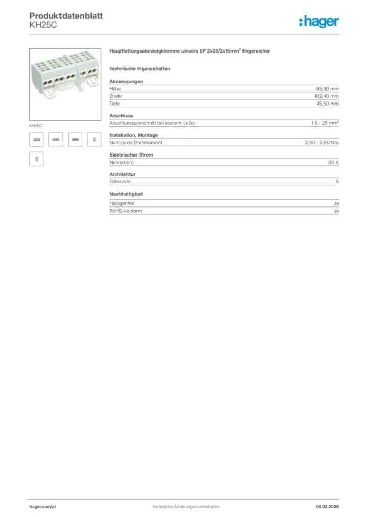 Bild Hager Produktdatenblatt KH25C | Hager Deutschland