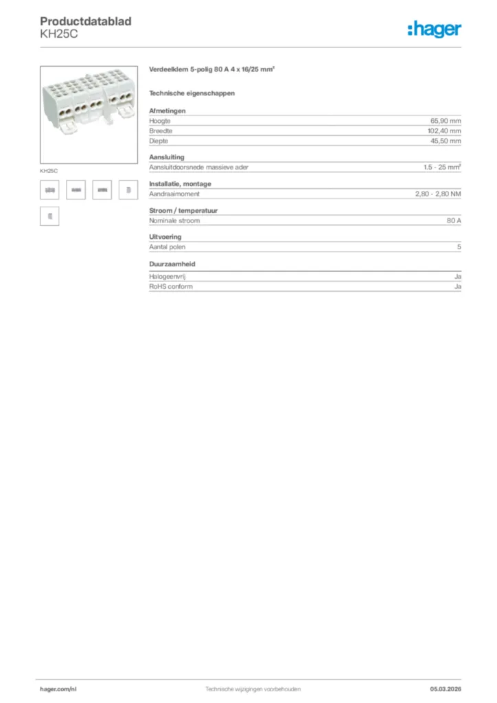 Afbeelding Hager Productdatablad KH25C | Hager Nederland