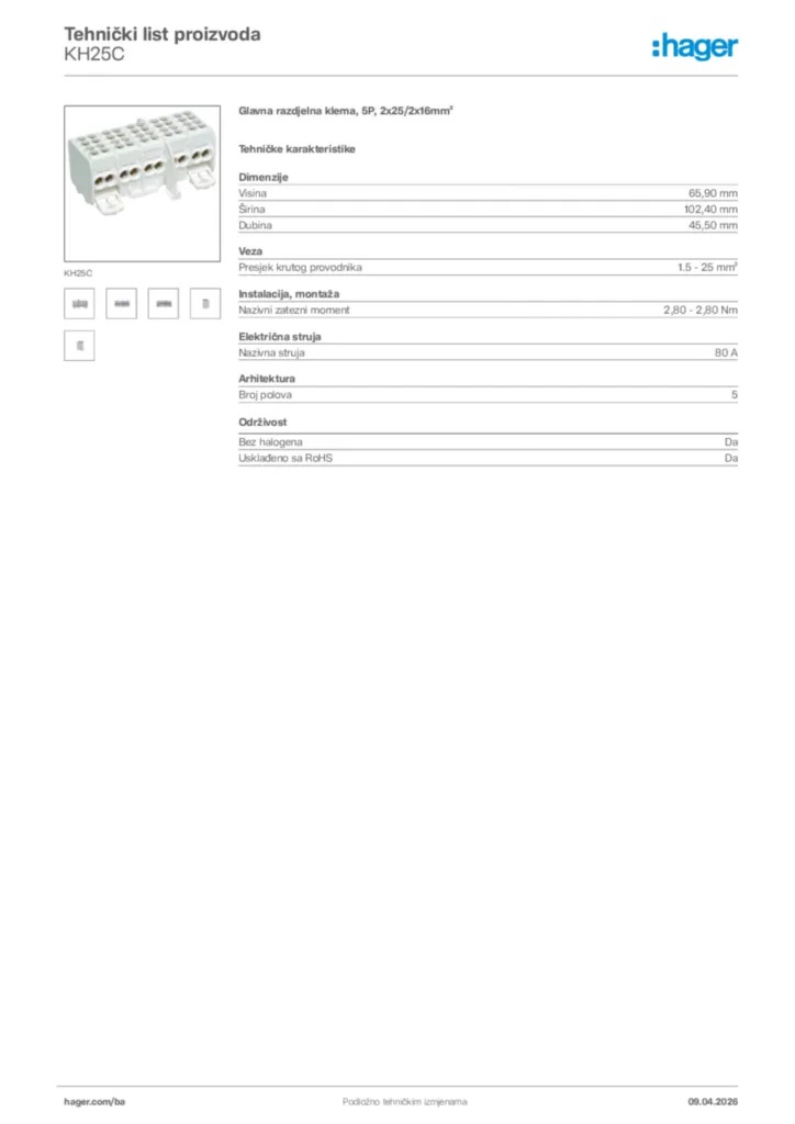 Slika Hager Tehnički list proizvoda KH25C  | Hager