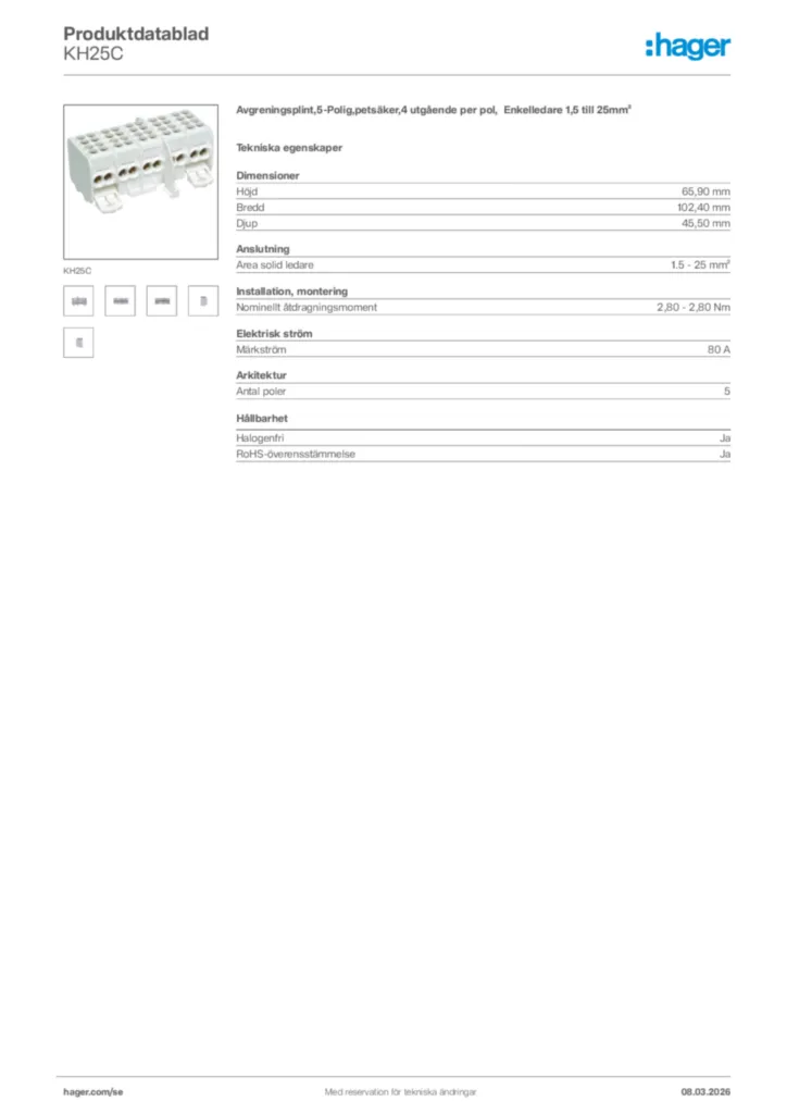 Bild Hager Produktdatablad KH25C | Hager Sverige
