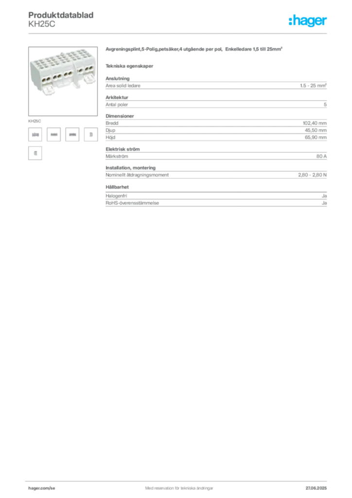 Bild Hager Produktdatablad KH25C | Hager Sverige
