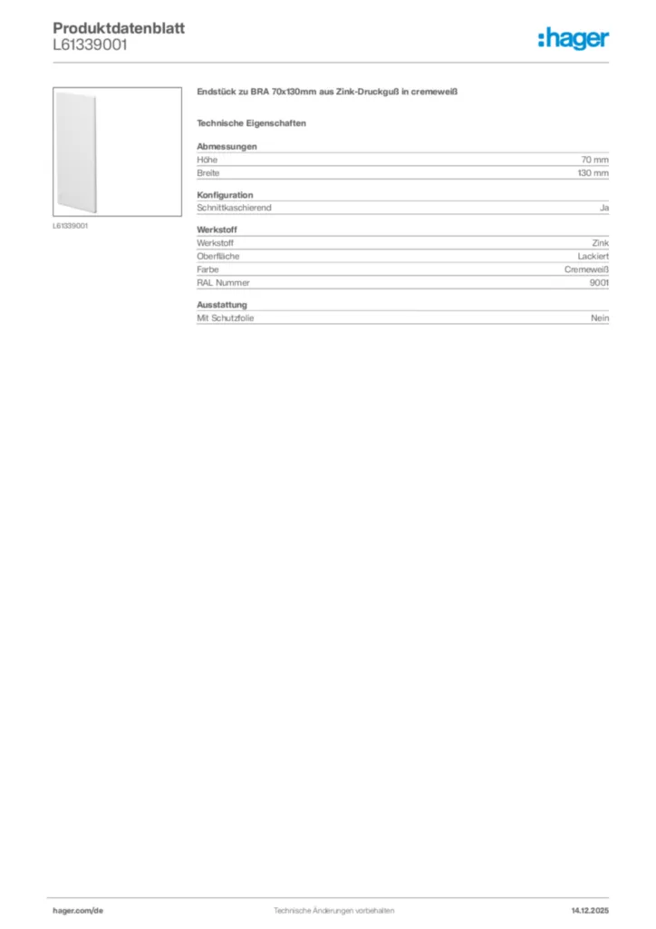 Bild Hager Produktdatenblatt L61339001 | Hager Deutschland