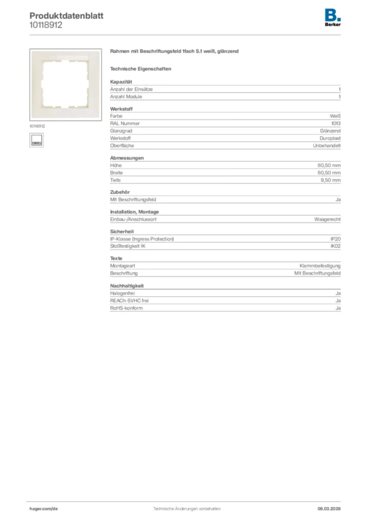 Bild Berker Produktdatenblatt 10118912 | Hager Deutschland