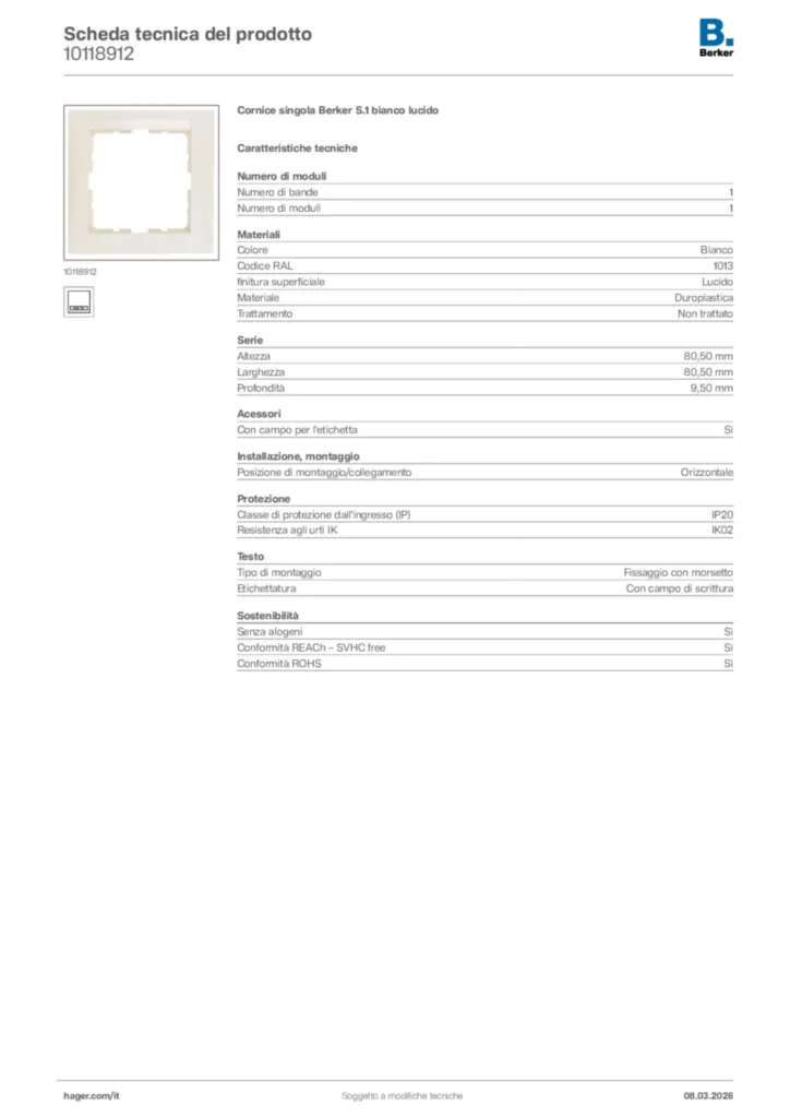 Immagine Berker Scheda tecnica del prodotto 10118912 | Hager Italia