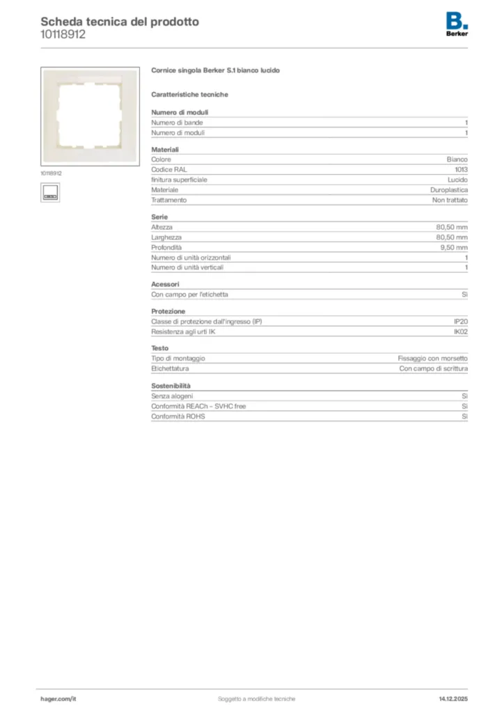 Immagine Berker Scheda tecnica del prodotto 10118912 | Hager Italia