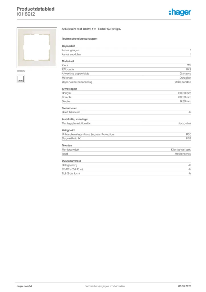Afbeelding Hager Productdatablad 10118912 | Hager Nederland