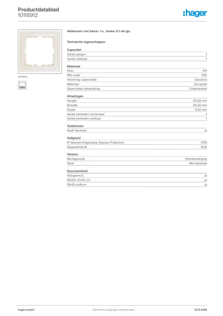 Afbeelding Hager Productdatablad 10118912 | Hager Nederland