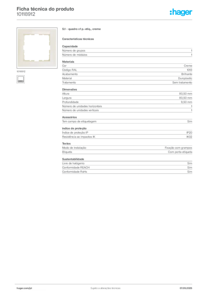 Imagem Hager Ficha técnica do produto 10118912 | Hager Portugal