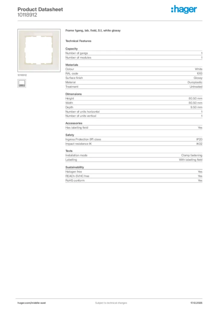 Image Hager Product data sheet 10118912  | Hager