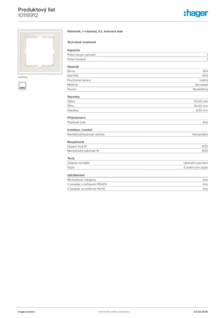 Obrázek Hager Product data sheet 10118912 | Hager